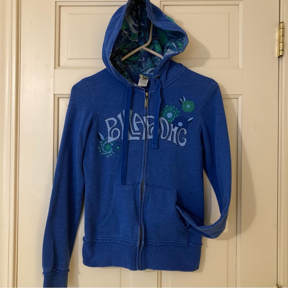 Vtg Y2K Billabong Blue Junior Women's Hoodie with Floral embroidery & appliqué